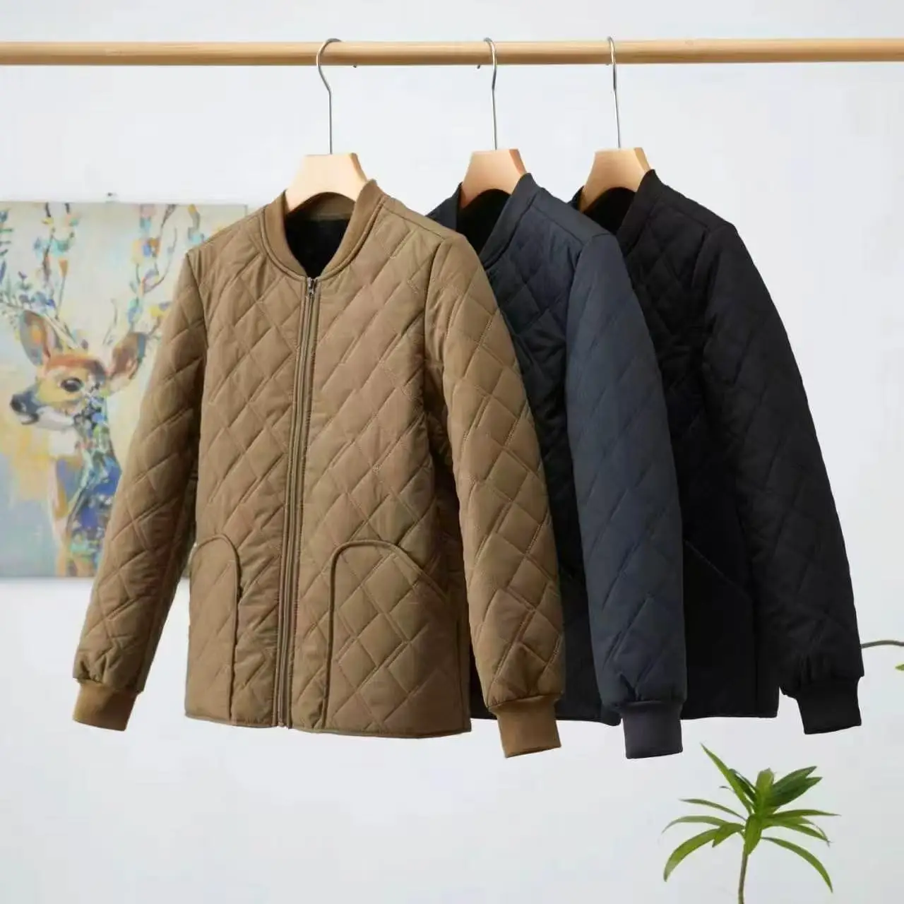 Diamond Quilted Bomber Collar Zip Up Fleece Lined Padded Cotton Jacket Loose Fit Warm Daily Casual Basic Outerwear Trendy Coat