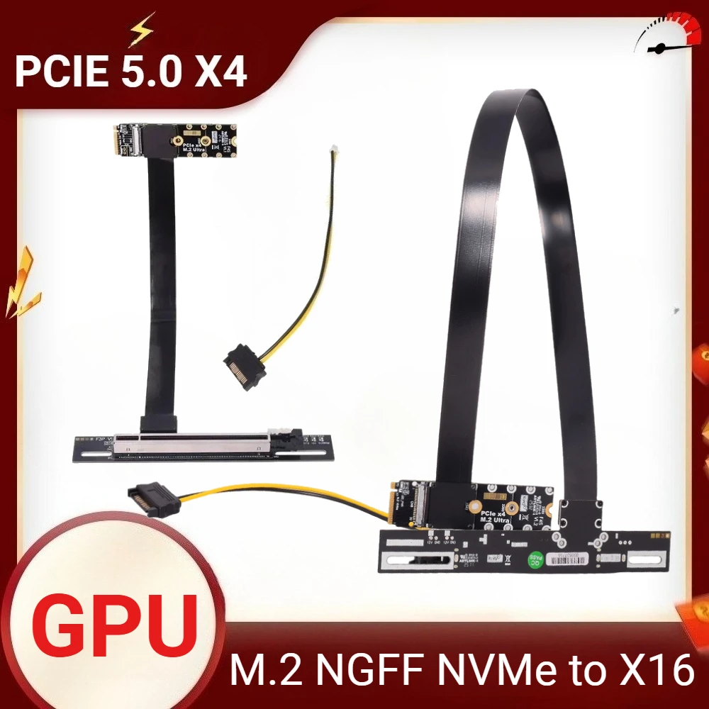 Ultra-Soft FFC PCIe 5.0 M.2 NGFF NVMe to PCIE x16 GPU External GEN5 Adapter Cable Turn 90 Angled For PC Nvidia/AMD Graphics Card