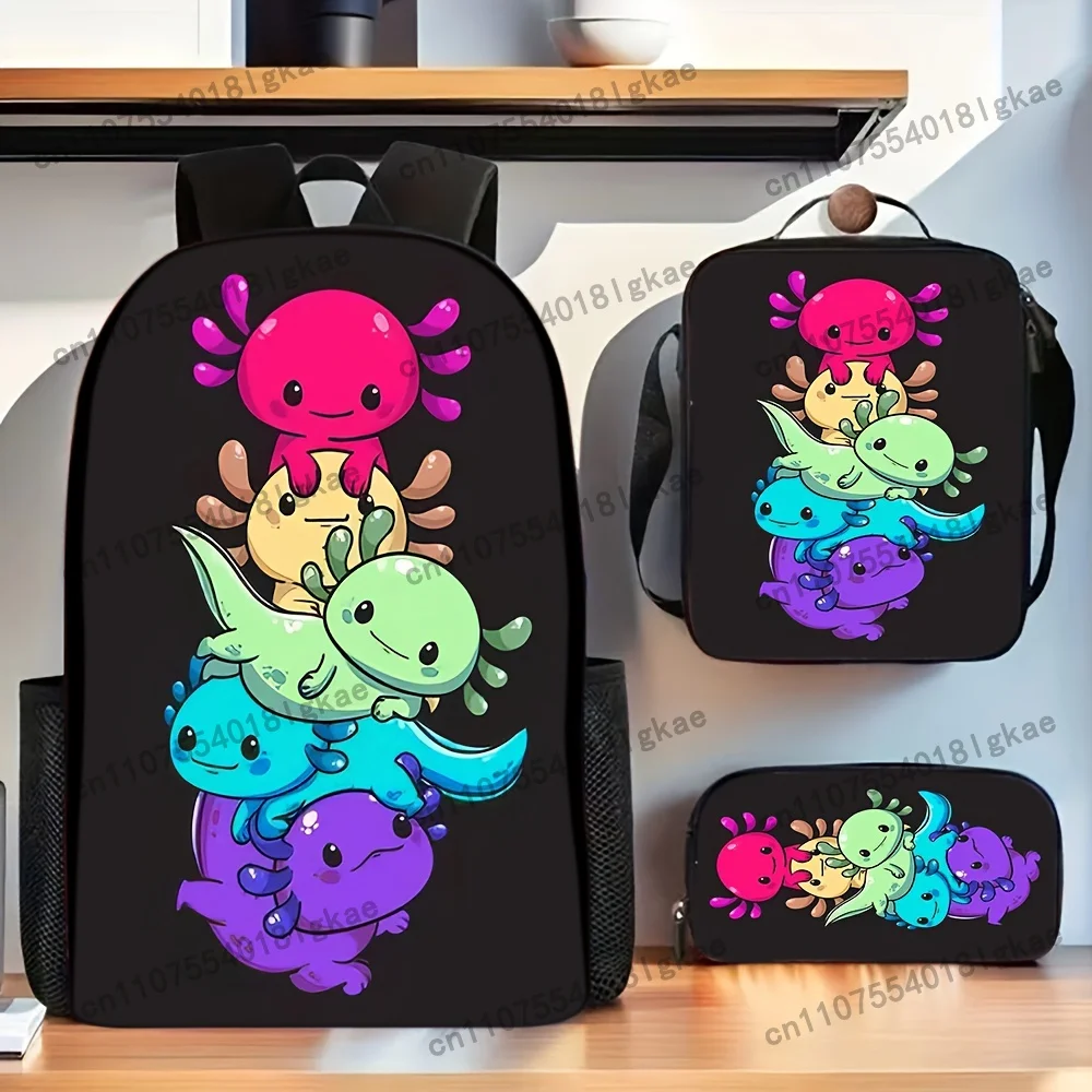 Axolotl Backpack Set - 3pcs, Including Backpack, Lunch Box, Pencil Case, Featuring Colorful Axolotl Design, Lightweight, Foldabl