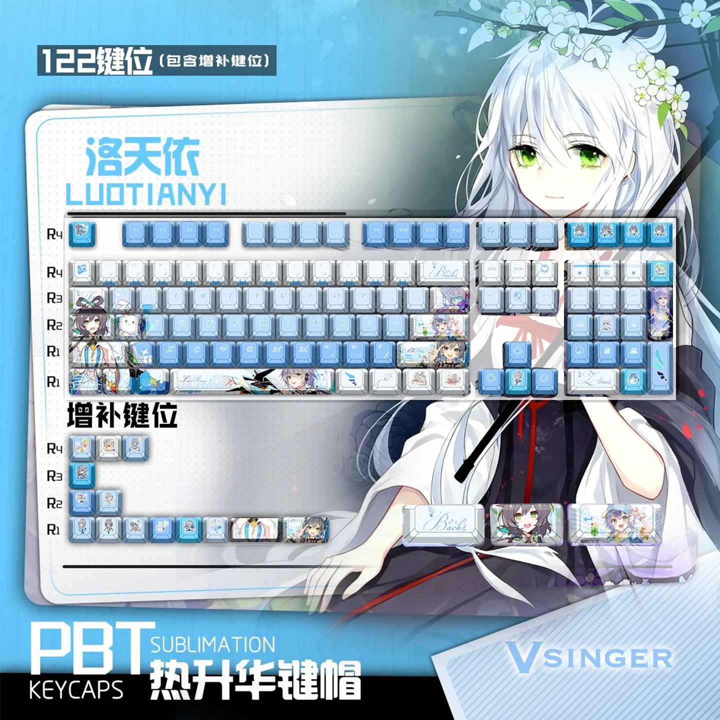 Luo Tianyi 122 PBT Keycaps Star Idol Festival Cherry Profile ANSI Layout Mechanical Keycaps for Made68 Mad68 Wooting60