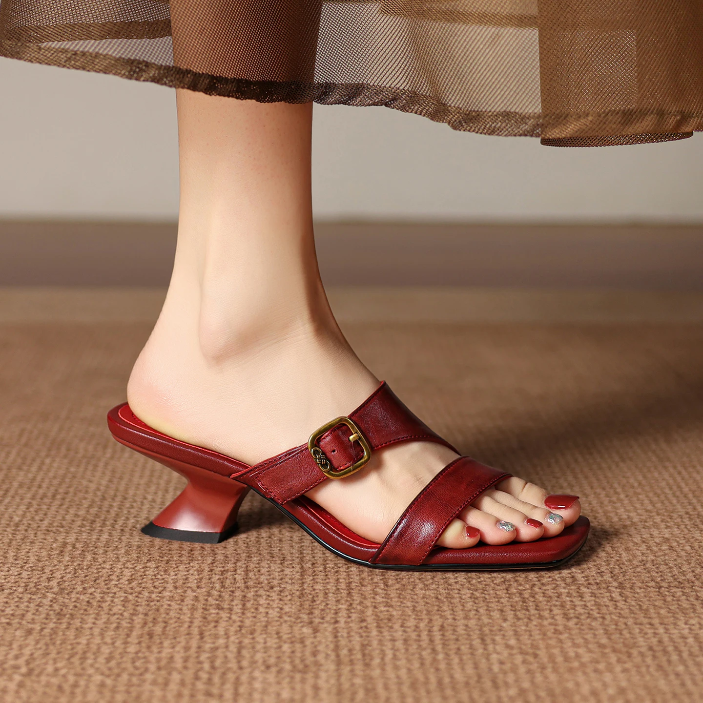 Handmade Genuine Leather Cowhide Women's Heels Sandals,Square toe Summer Slippers Belt buckle High Heels,Fashion Womens Shoes