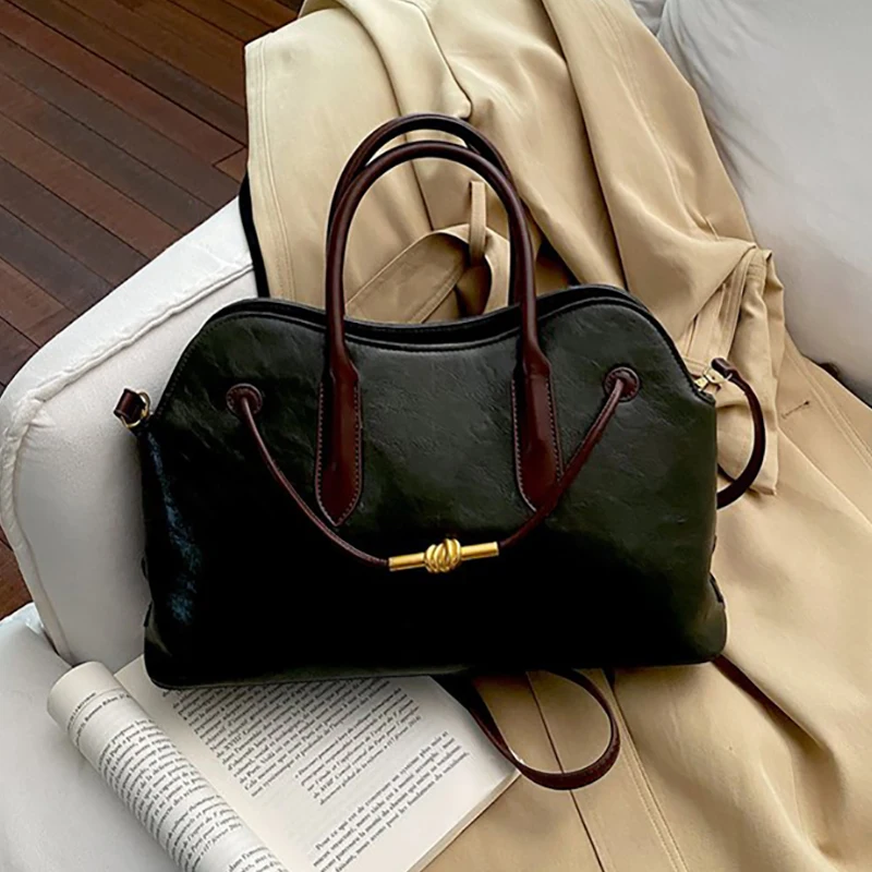 Women Vintage Oil Wax Leather Handbag Twist Metal Decor Top Handle Bag Detachable Crossbody Shoulder Purse