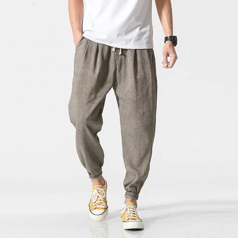 KIDWHXR Harem Pants Man Retro Simple Solid Pleated Breathable Trousers Male Loose Pocket Drawstring Sport Casual Men Pants