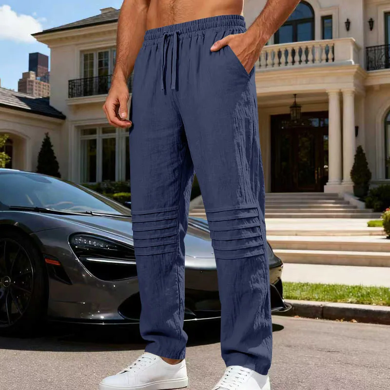 Men's Linen Blend Casual Pants Elastic Waist Drawstring Trousers with Knee Pleat Detail