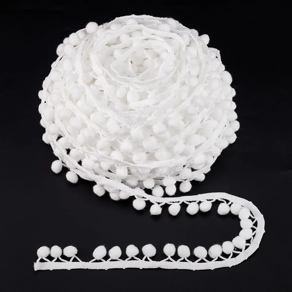 20 Yards Cotton Pom Poms Balls Fringe Trim 13mm Round Pompoms Ball Triangle Connect Tassel Trim White Ribbon Fringe Tassel Lace