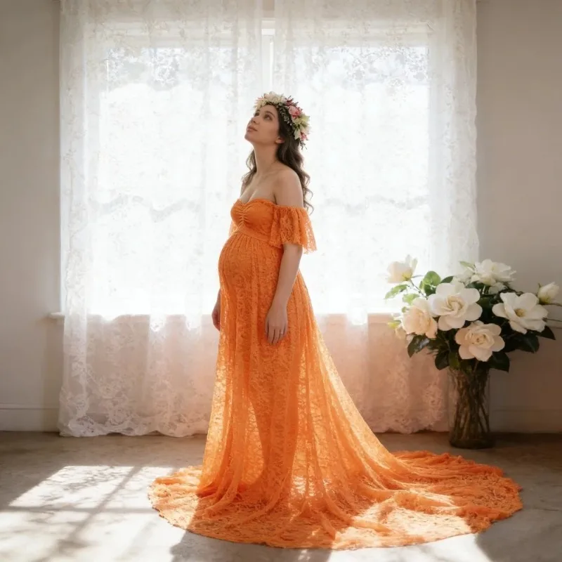 European American Lace Short Sleeve Trailing Long Skirt for Maternity Photography Mirror Skirt Elegant Design