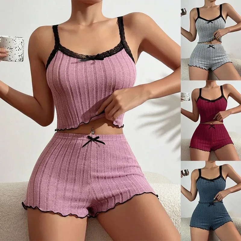 Women Sleepwear Summer Sling 2 Pieces Pajamas Set Homewear Female Sense Lace Crop Tops and Shorts Pijamas Loungewear