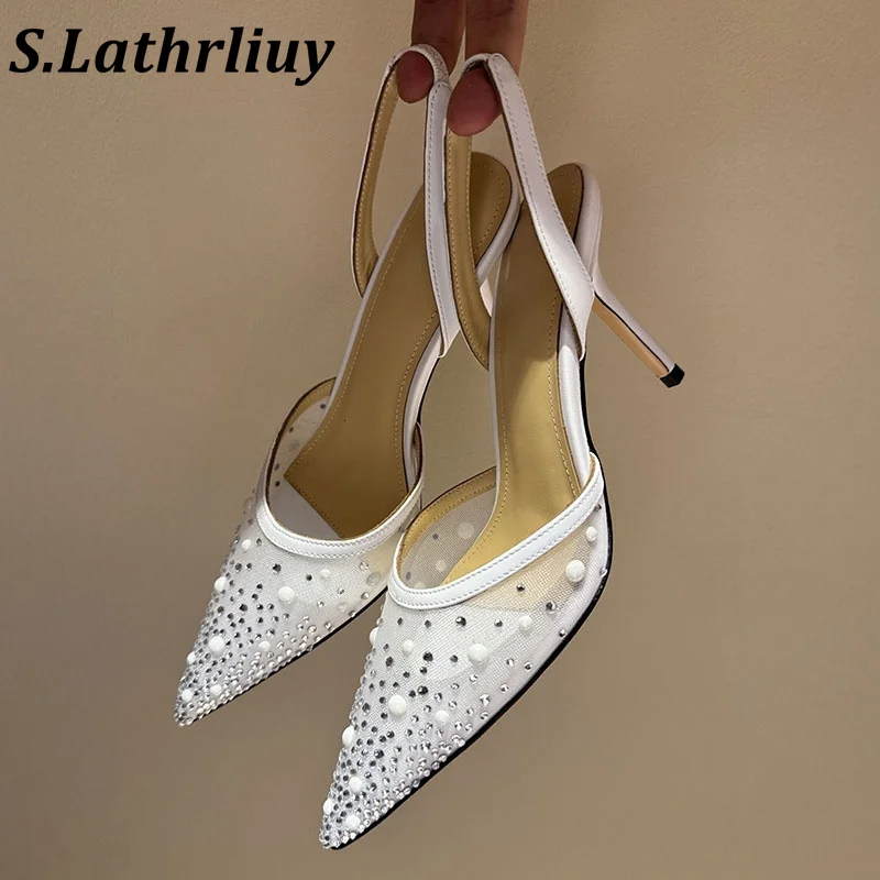 Sandals women's summer new 2026 pointed mesh hollow breathable crystal decoration sandals solid color party fashion high heels