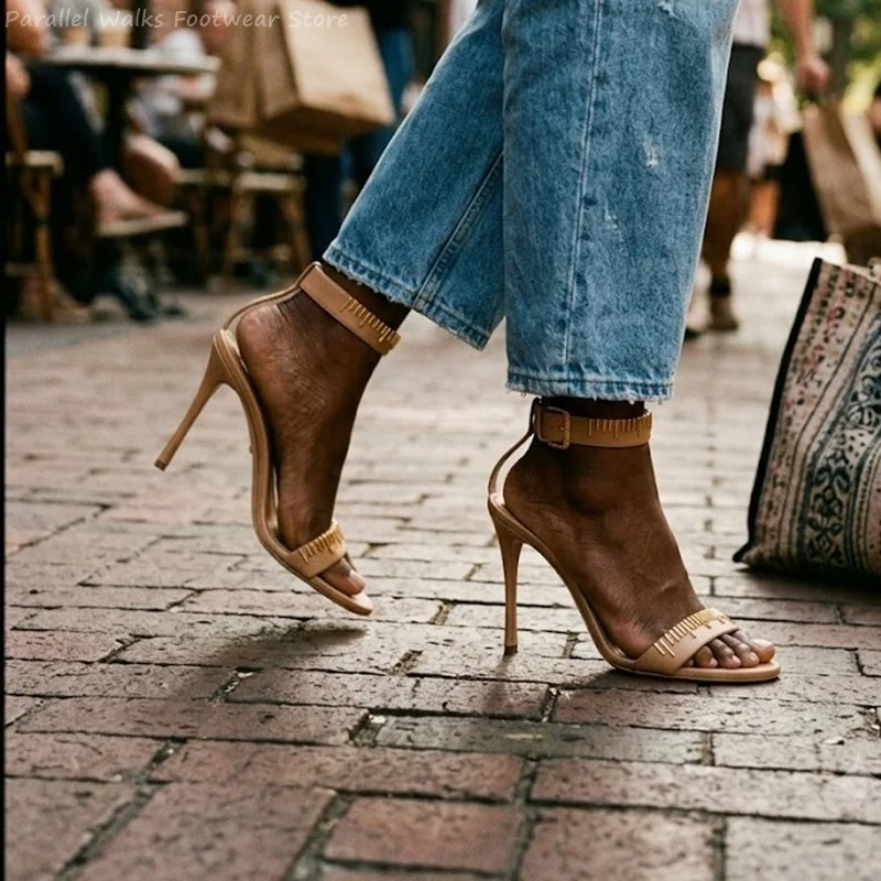 Elegant Multi Color Sandals Sexy Metal Fringe Ankle Strap Ultra High Stiletto Heels Soft Leather Wedding Party Plus Size Women