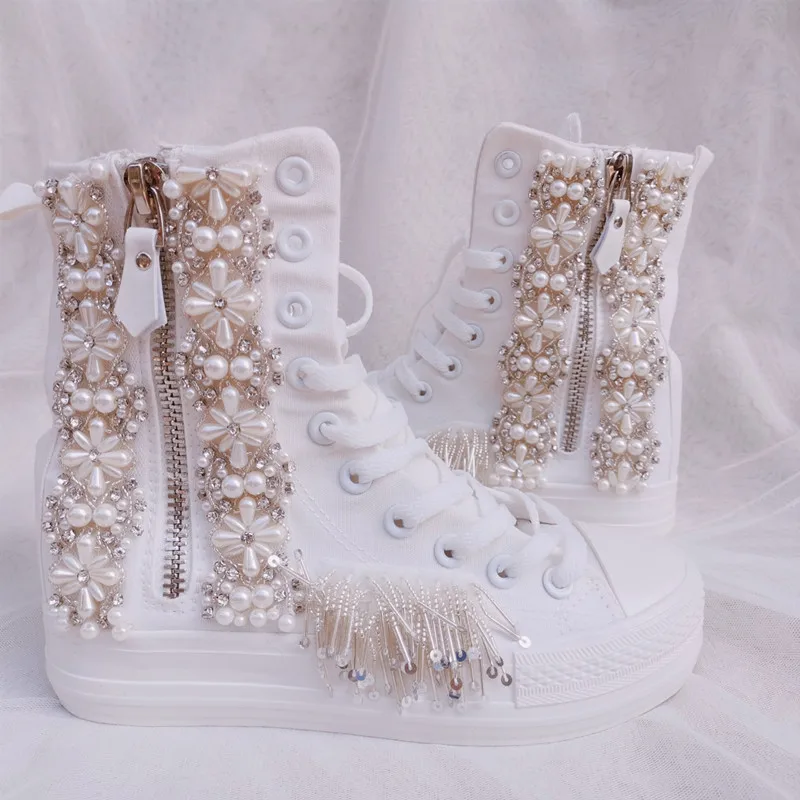 Sweet Rhinestone Women Canvas Shoes Flat Shoes Manual New Autumn Side Zipper Rhinestone Tassel Ladies Canvas Shoes Pearl