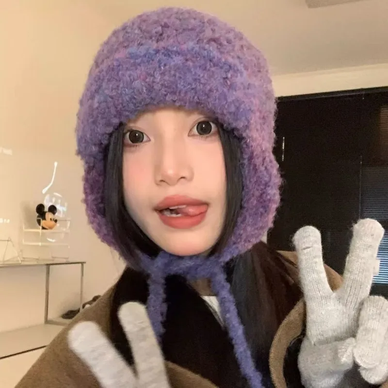 Women's Autumn Winter Cute Knit Ear Flap Hat Warm Fleece Beanie Slimming Face Casual Cap