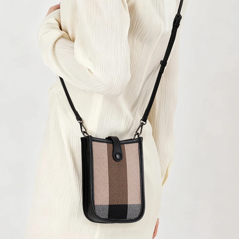 Aidrani Genuine Cowhide Women Small Sling Phone Bag, Plaid Fabric Crossbody Handbag, Lightweight Mini Shoulder Purse for Travel
