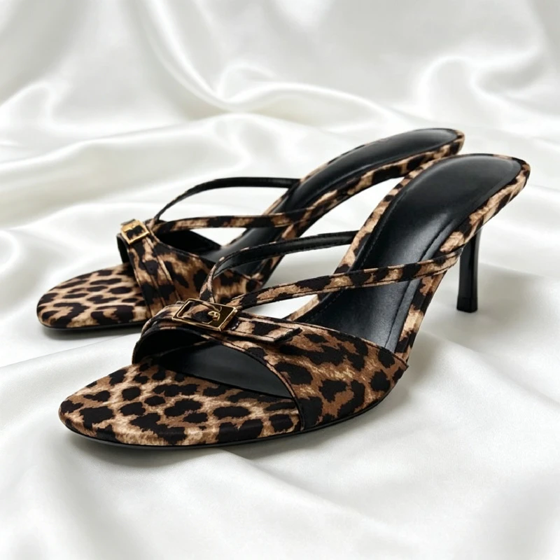 Sexy Leopard Print Metal Buckle Detail Women's Slippers Comfortable Cross Straps Stiletto Heeled Sandals Luxury Designer Shoes