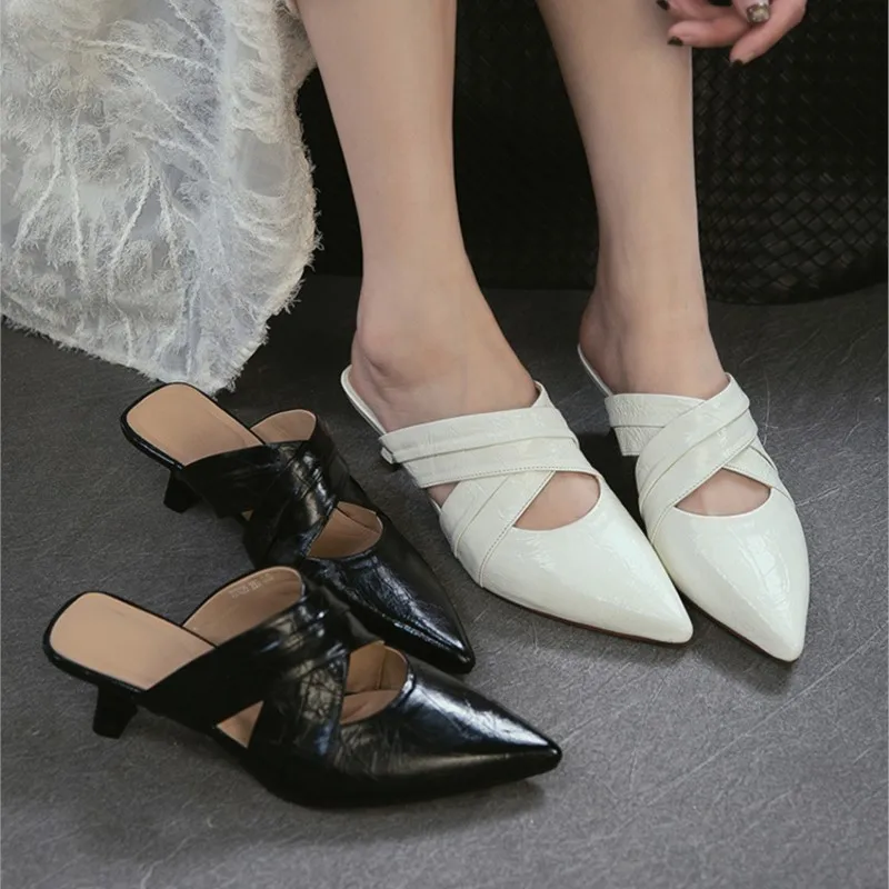 2026 Temperament Pointed Toe Thin Heel Slippers Summer New Genuine Leather Fashionable Versatile Women's Slip-on Shoes