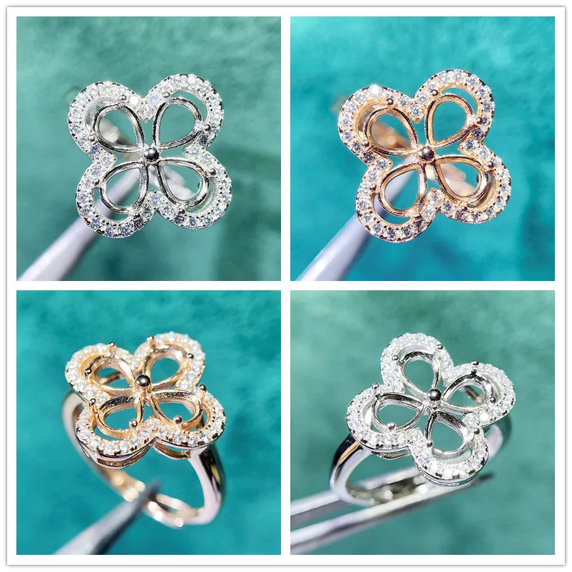 MeiBaPJ 4*5 Fashion Zircons Flower Ring Setting DIY Empty Holders for Women Real 925 Sterling Silver Fine Charm Jewelry