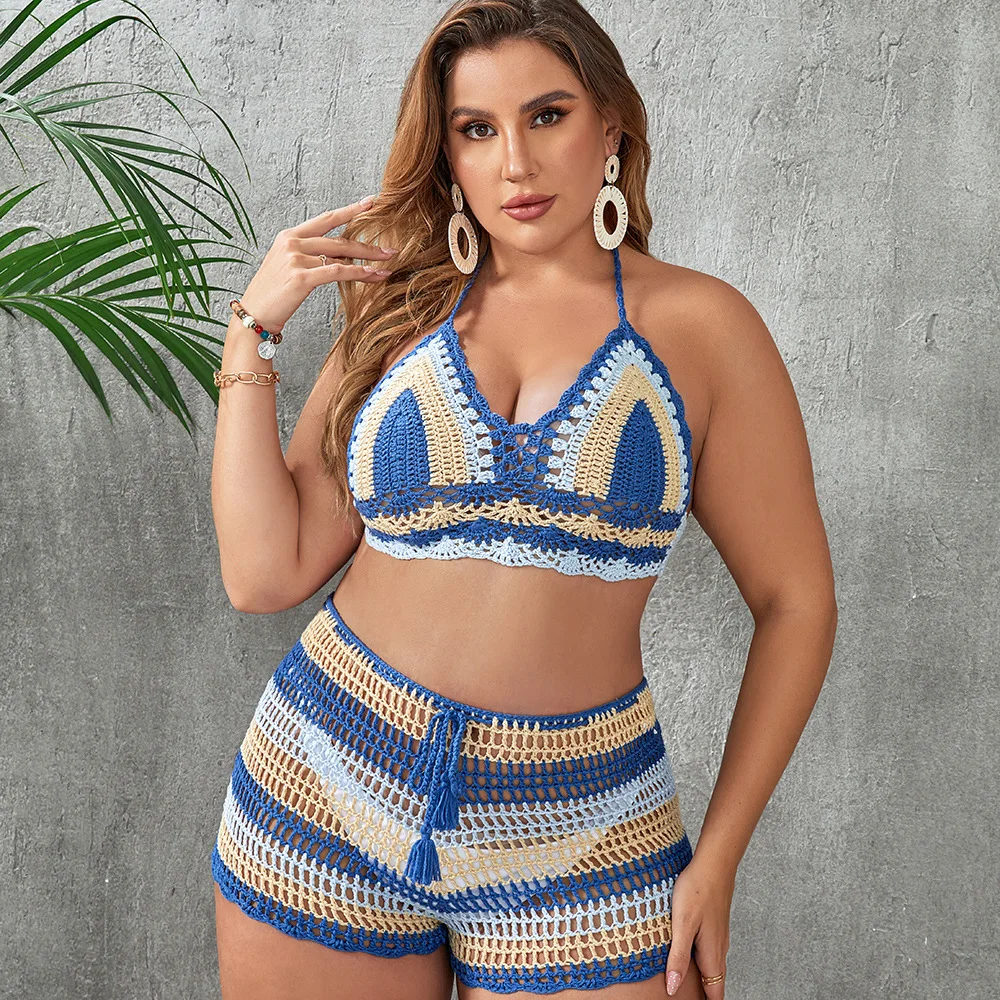 European and American Best-selling Plus Size Handmade Crochet Hollow Strap Split Swimsuit Set, Hot Spring Vacation Good Item