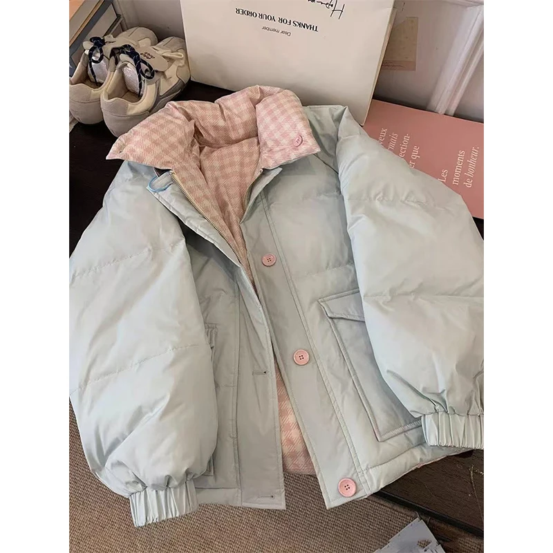 MEXZT Short Parkas Women Fashion Plaid Patchwork Puffer Jackets Korean Long Sleeve Down Coats Winter Cotton Padded Outerwears