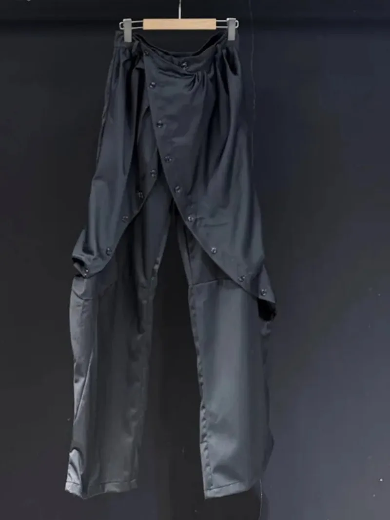 Niche Trend Male Casual Pants Personality Patchwork Design Straight-leg Loose Solid Color Curved Button Trousers XDE8