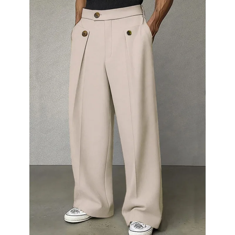 2026 Spring Autumn Fashion Men Casual Suit Pants Multiple Buttons High Waist Loose Straight Trousers Spring Business Soild Pant