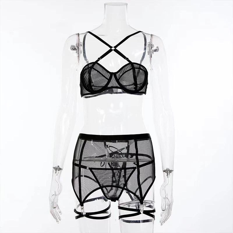 Transparent bikini sexy lingerie set, see-through mesh nightclub performance outfit