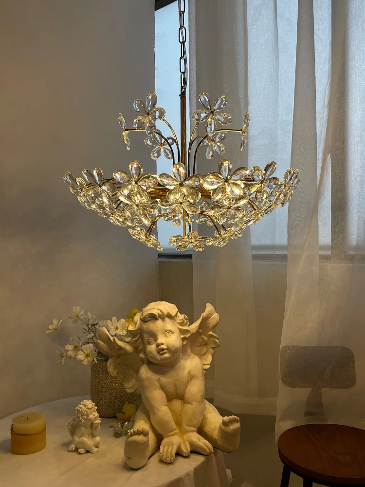 French Romantic Petal Crystal Chandeliers For Living Room Pastoral Restaurant Pendent Light American Retro Bedroom Hanging Lamp