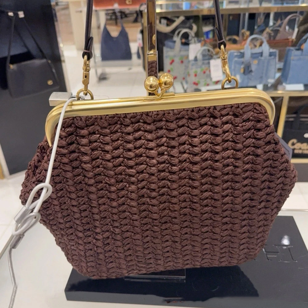 Luxury Kisslock Straw Bags for Women Shoulder Bag Bohemian Clip Handbags Handmade Woven Cloud Beach Bag Frame Women's Bags NEW
