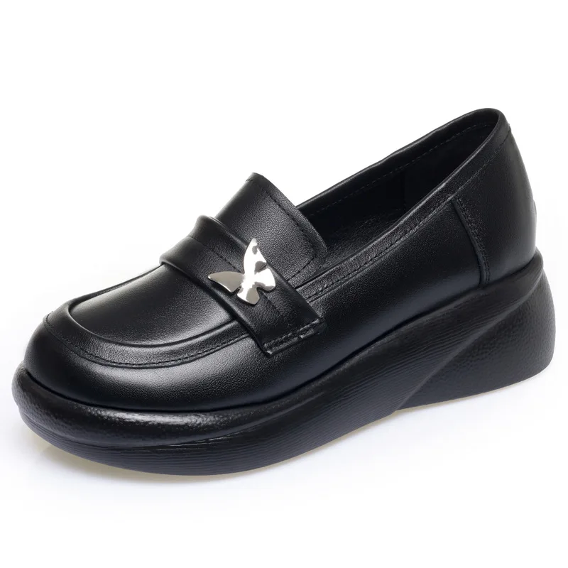 5cm Big Size 35-42 Fashion Women's Genuine Leather Loafers THick Platform Shoes Fall 2026 Black Wedges Shoes for Mother Office