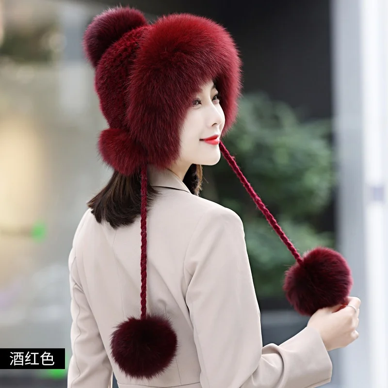 Winter Hot Sale Real Mink Fur Hat For Women Knitted Mink Fur Ear Warm Cap The Spiral Beanies Cap With Fox Fur Pompom On The Top