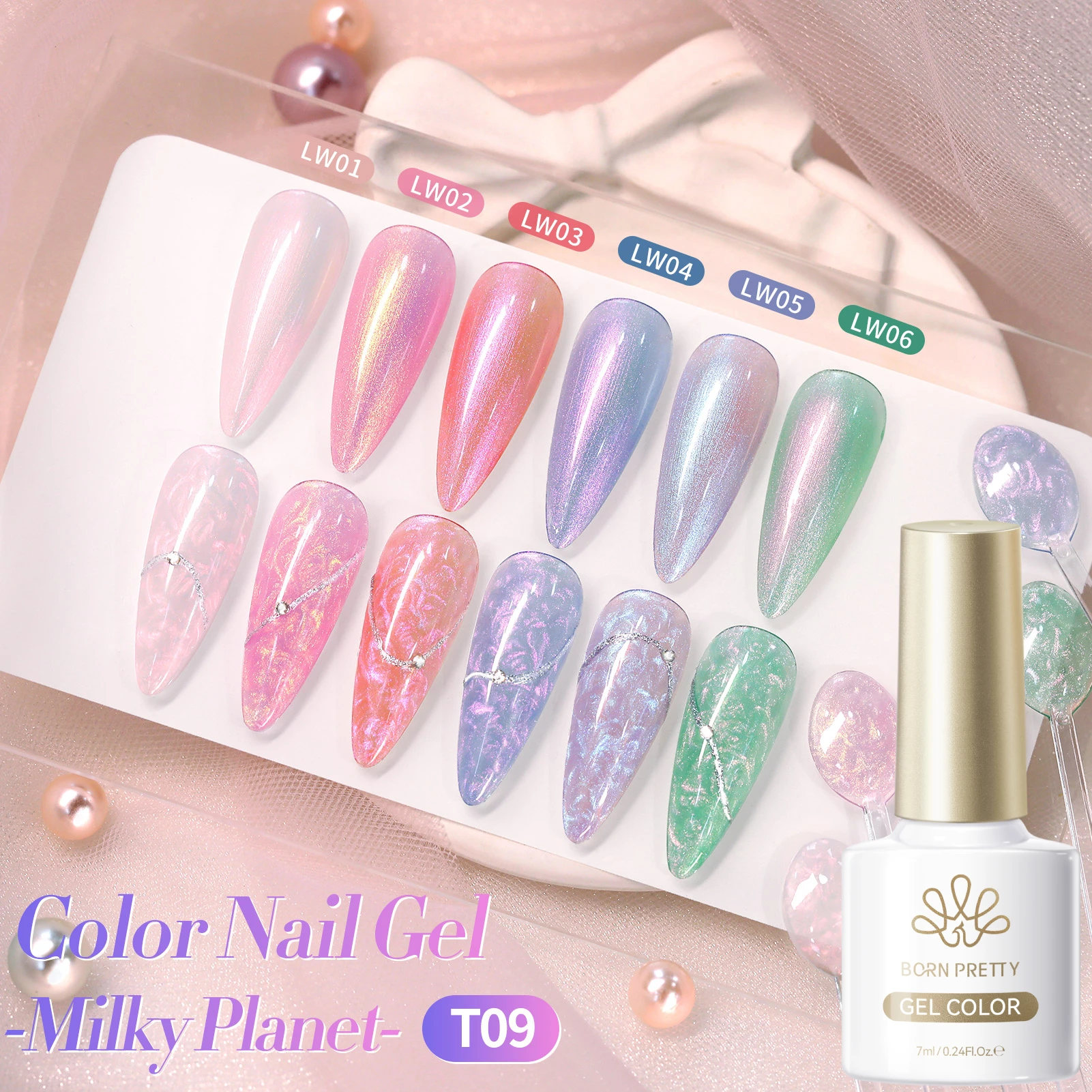 BORN PRETTY  6PCS Pearl Gel Nail Polish Set 7ml Milky Planet Glitter Swirl Thread Effect Pink White Soak Off UV LED Manicure