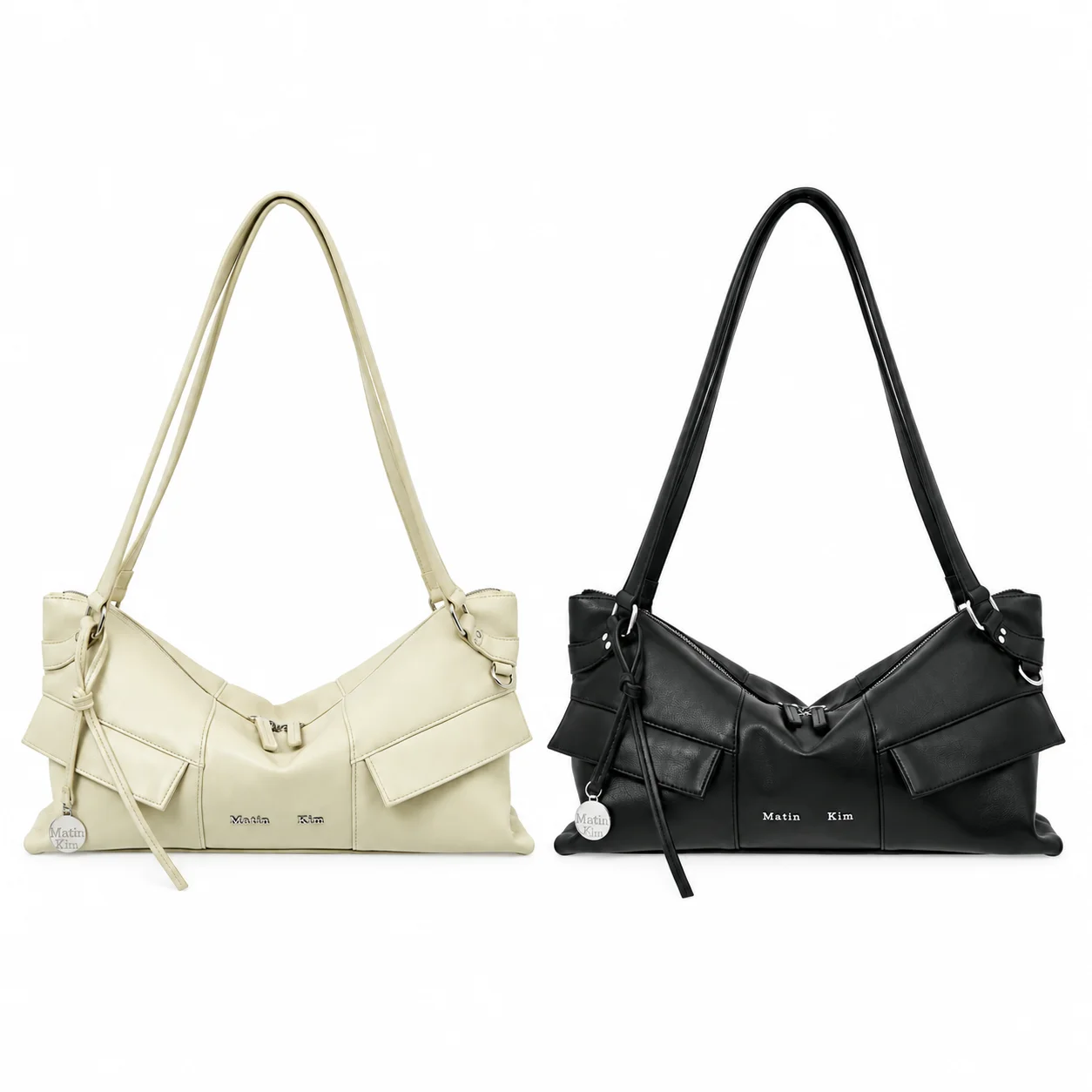 MATIN KIM Women Shoulder Bag Black Faux Leather Hobo Tote Large Capacity Adjustable Strap Fashion Casual Streetwear Handbag