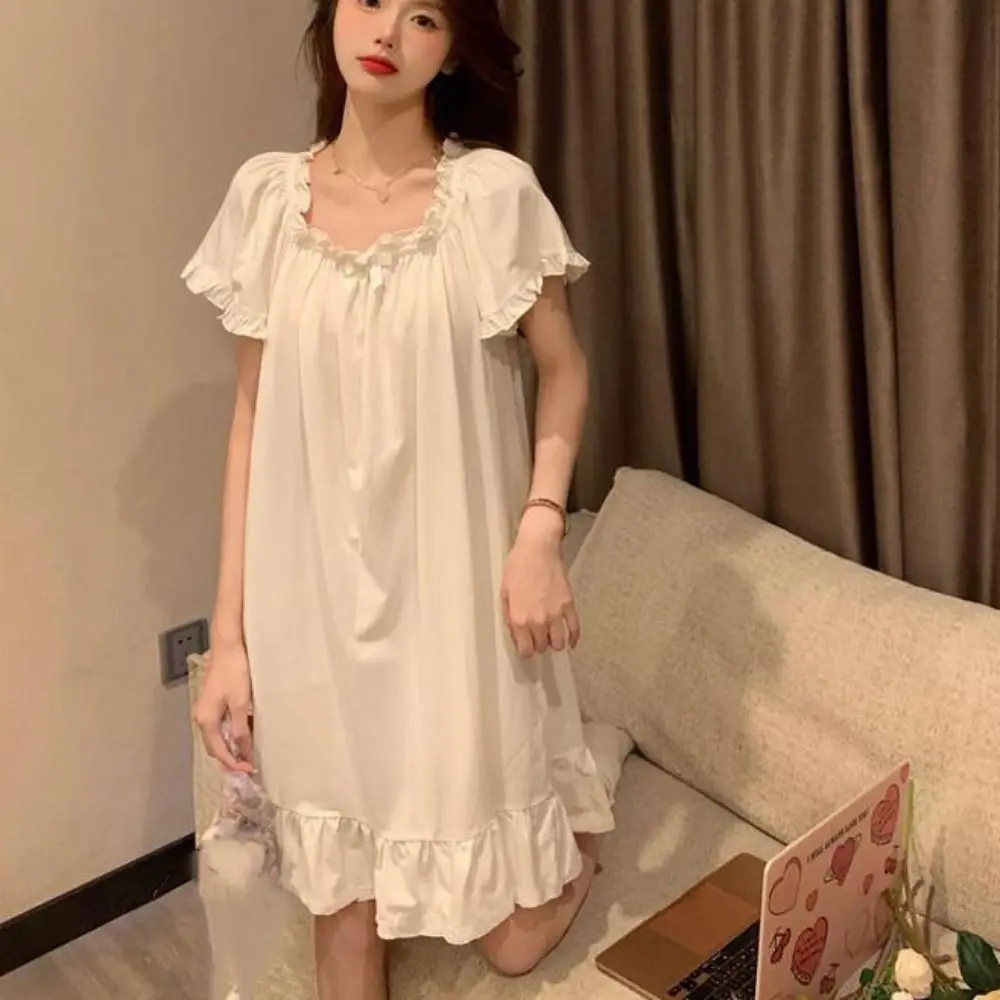 Sweet Bowknot Women's Pajama Dress Loose Short Sleeve Ruffle Nightdress Home Wear Sleepwear Princess Nightgown Girls