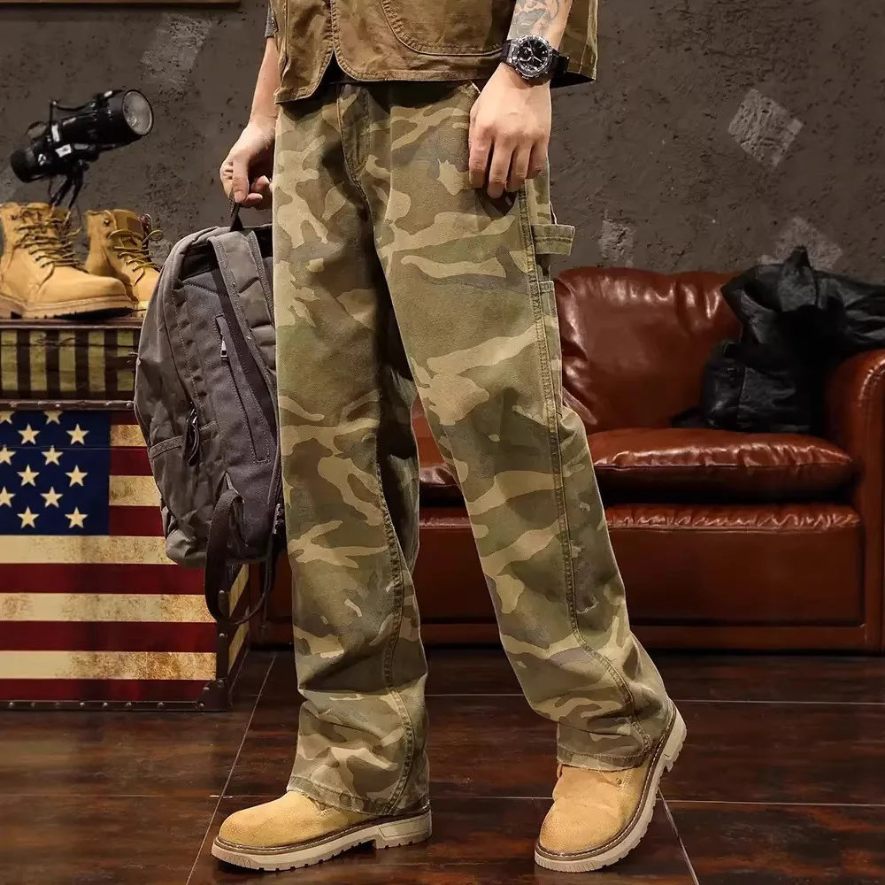 UNITIM Retro American Camouflage Jeans Loose Casual Logging Pant Wide Leg Workwear Trousers Loose Straight Leg Casual Long Pants