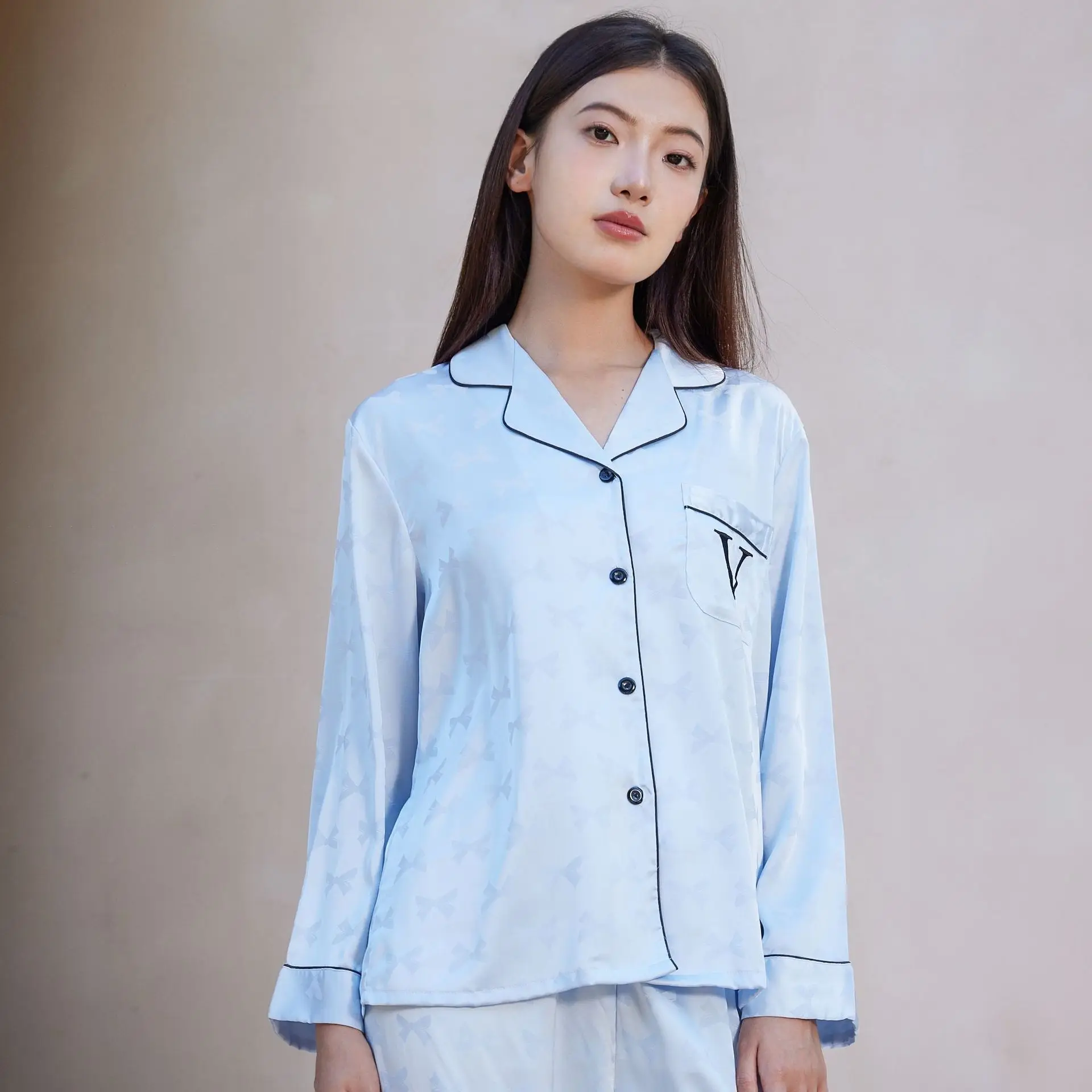 New Female Pajams Set Fashion Stripe Embroidery Sleepwear Trouser Suit Spring Summer Loose Homewear Loungewear Silk Satin Pijama
