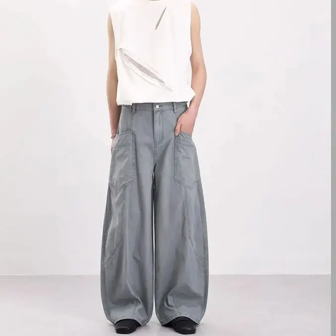 Spliced Side-Pocket Curved-Leg Casual Trousers Unisex Wide-Leg Floor-Length Trousers  Soft and Durable
