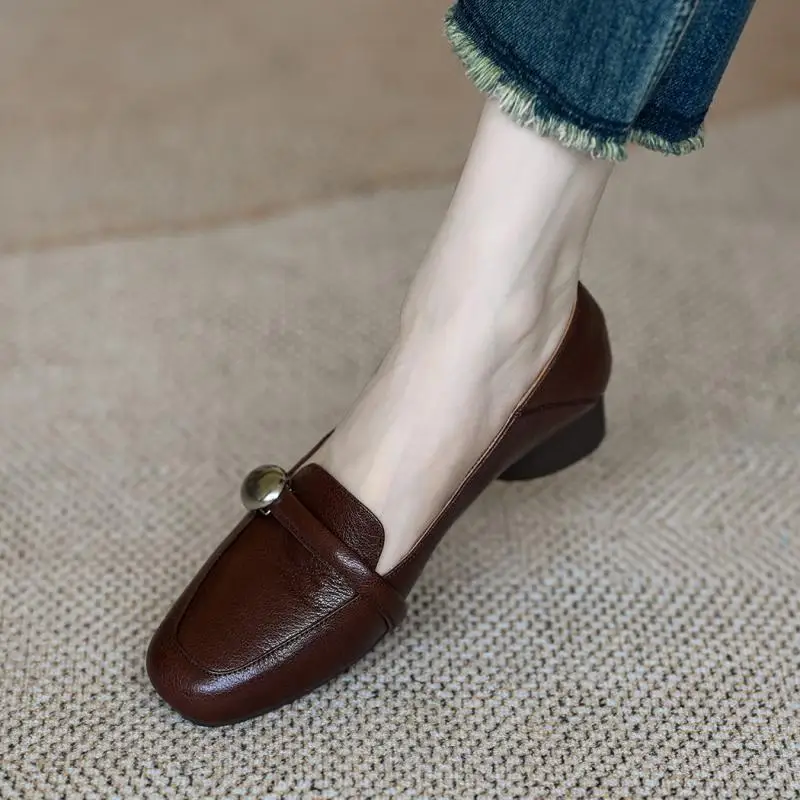 2026 New Women French Vintage Loafers Slip On Soft Leather Chunky Heel Pumps Spring Autumn Comfort Flat Shoes