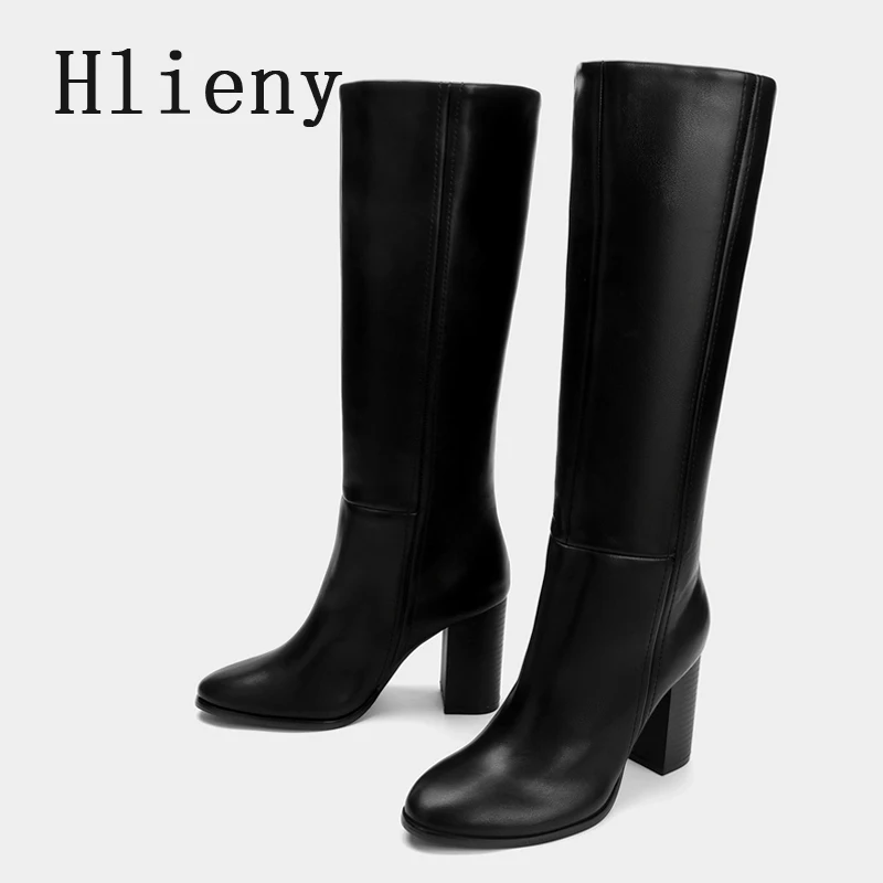 Hlieny Winter New Fashion Knee-High Boots Women Round Toe Slip-On Elegant Square High Heels Ladies Pumps Shoes Long Botas Mujer