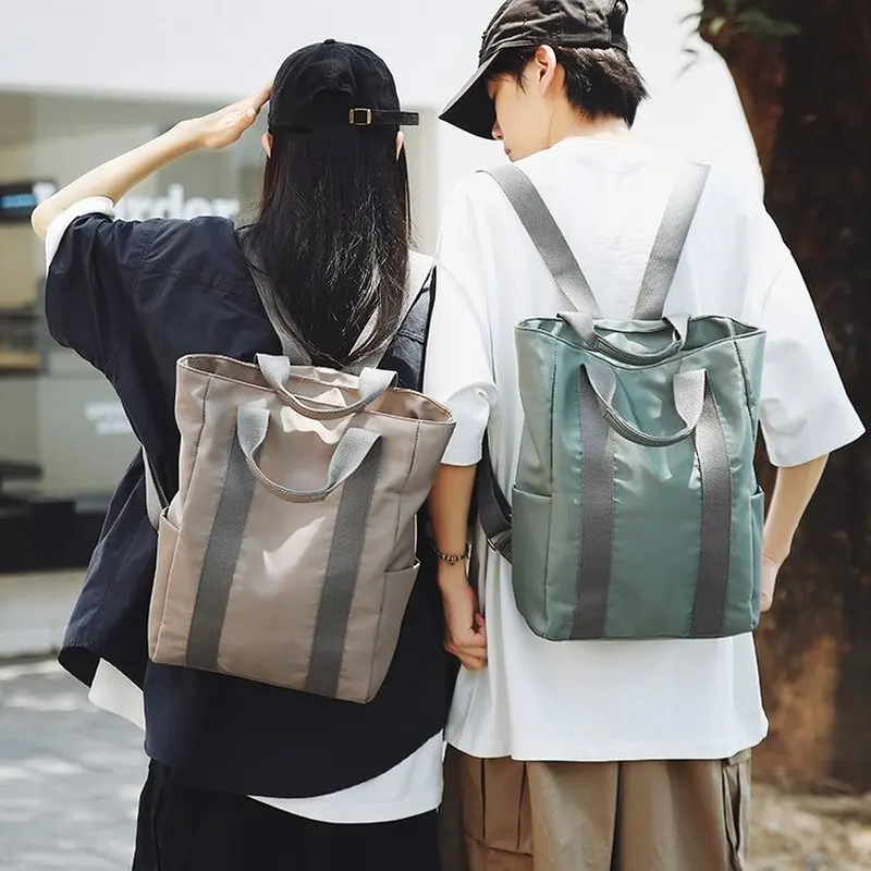 Unisex Black Nylon Backpack Tote Bag with Grey Straps Convertible Handbag Casual School Travel Daypack for Daily Use