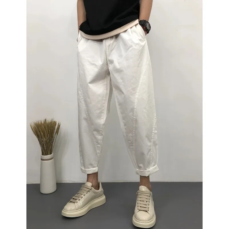 Men's White Cropped Tapered Pants Casual Cotton Blend Ankle Trousers with Curved Seam Detail