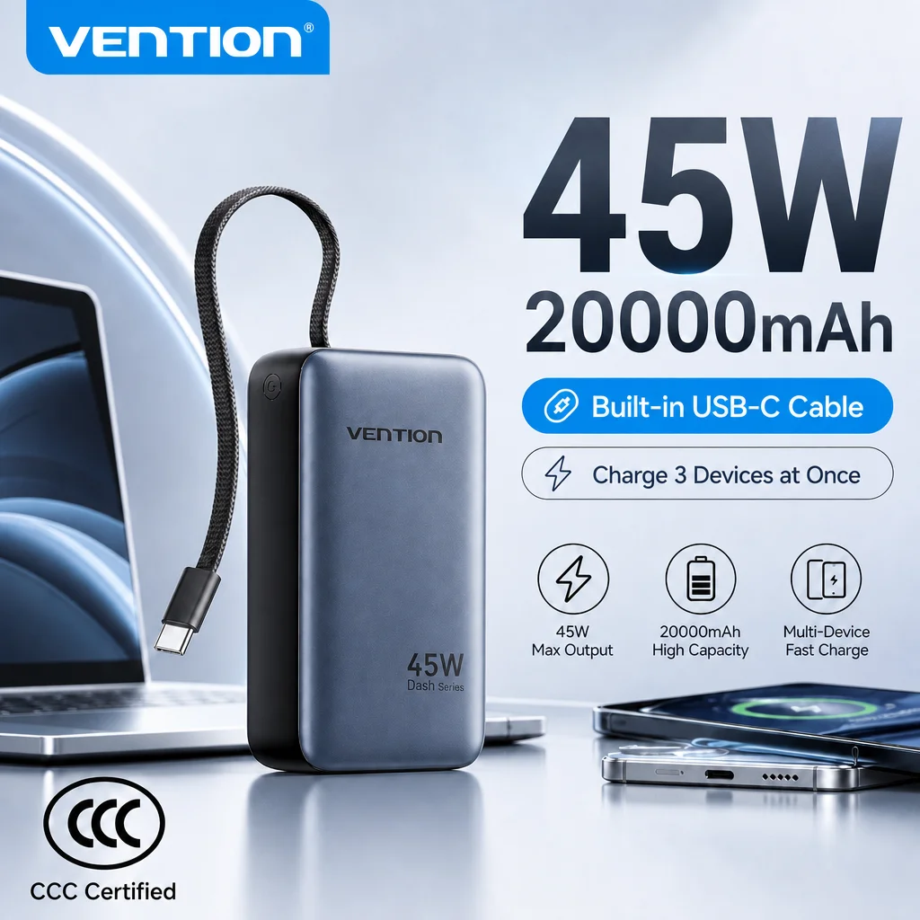 Vention CCC Certification Powerbank 45W 20000mAh Power Bank Type C PD Fast Charging Portable Charger Battery Charge 3 Devices PC