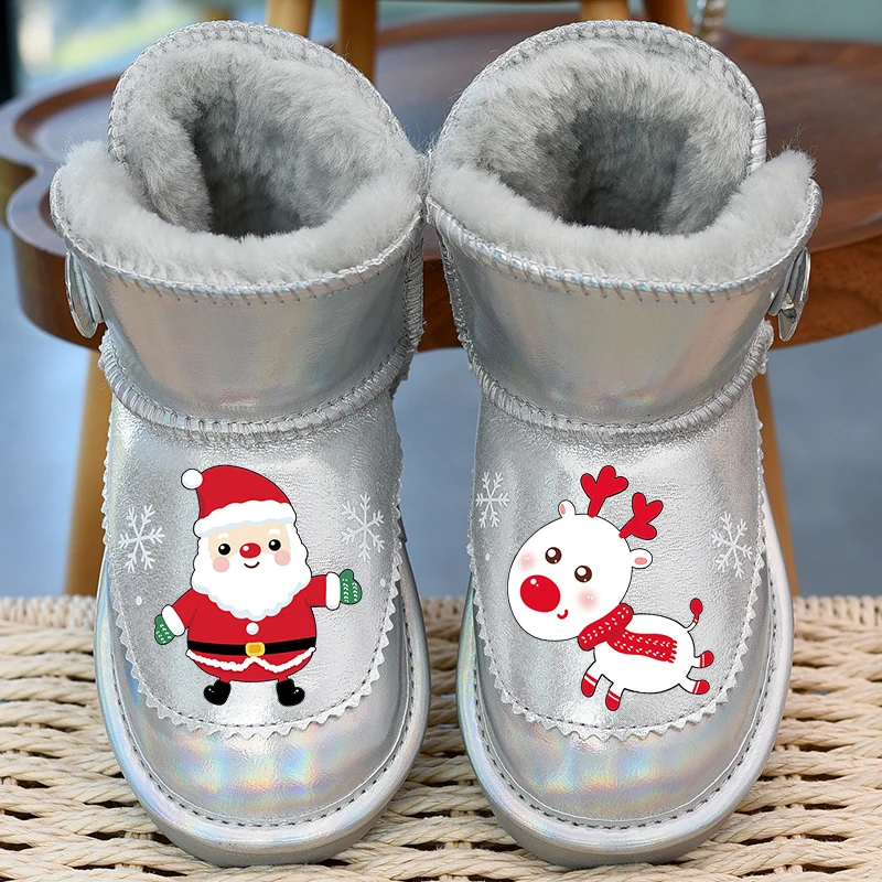 Girls' Snow Boots, Made of Genuine Leather, Waterproof, Children's Cotton Boots with Thick Velvet and Snow Cotton, 2025 Winter New Collection
