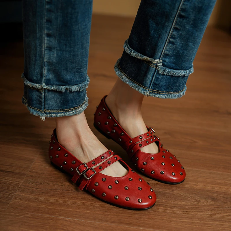 Genuine Leather Cowhide Women Shoes ,Rivet Round Head Flat Shoes Buckle Ballet Sandal Mary Jane Shoes Summer Women's Sandals