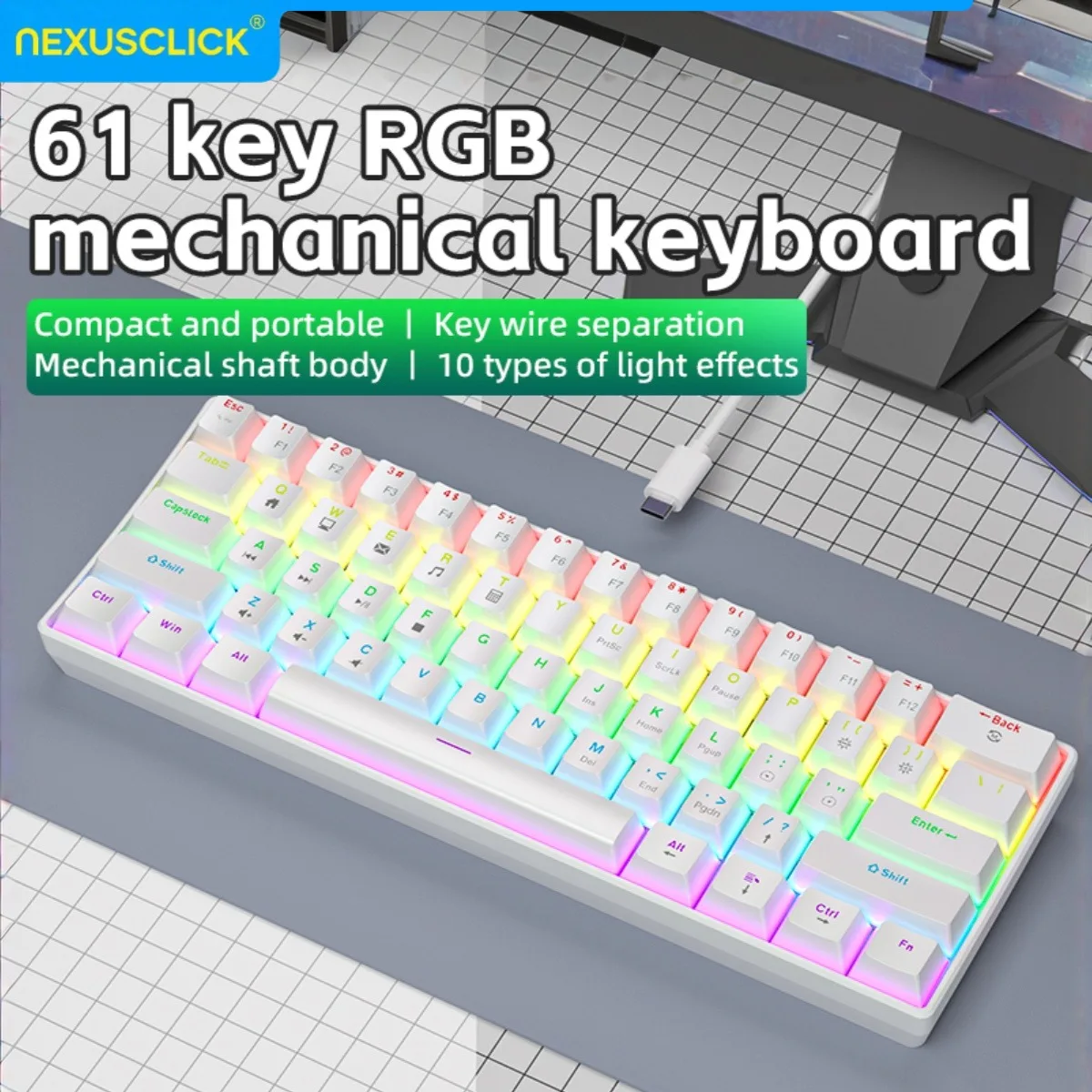NexusClick 60% Compact Wired Mechanical Keyboard,TypeC PlugPlay RGB Backlit 10 Lighting Modes Keycaps Portable Gaming Keyboard