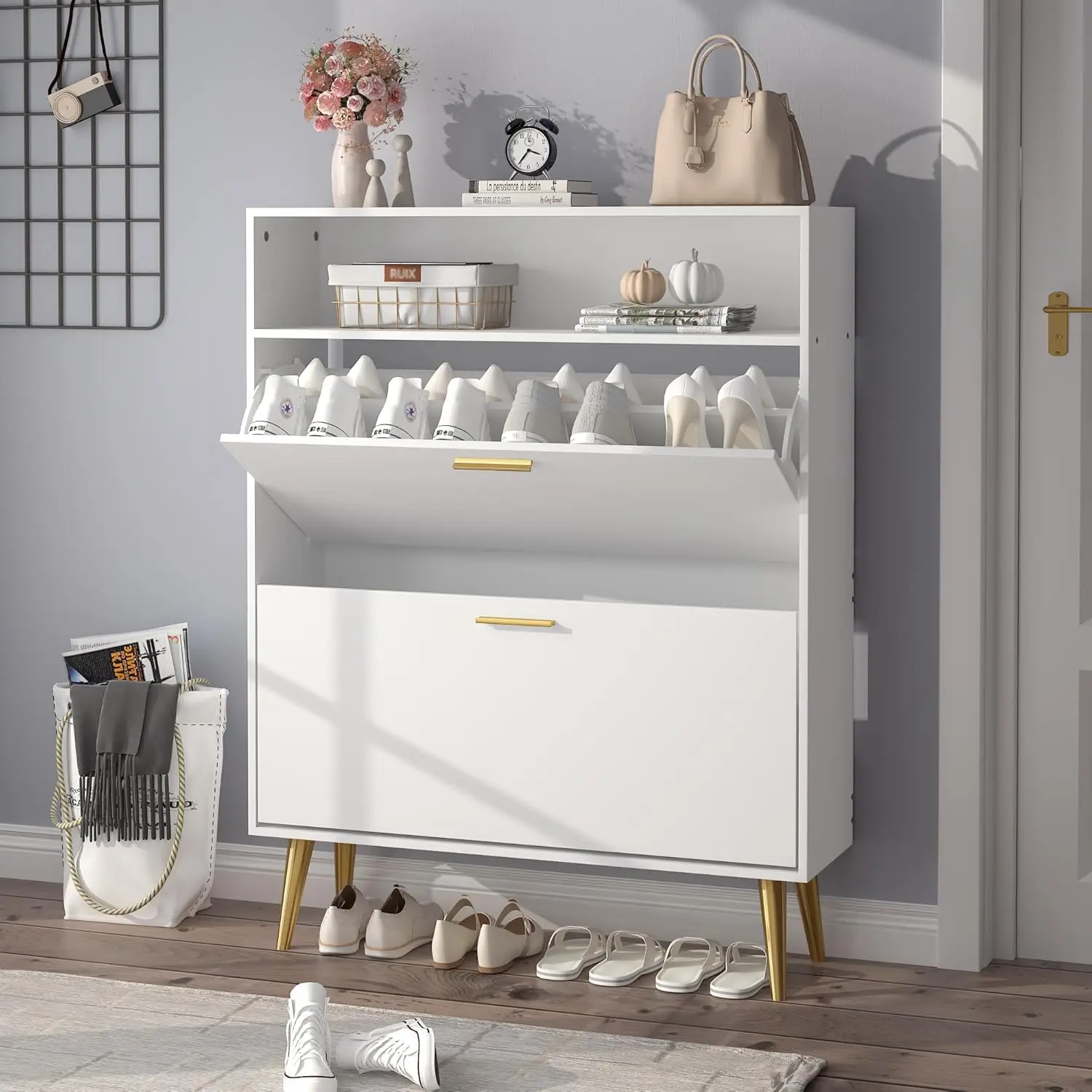 Shoe Storage Cabinet 2 Flip Drawers & Open Shelves, Freestanding Narrow Organizer for Hallway Living Room Entryway, Customized