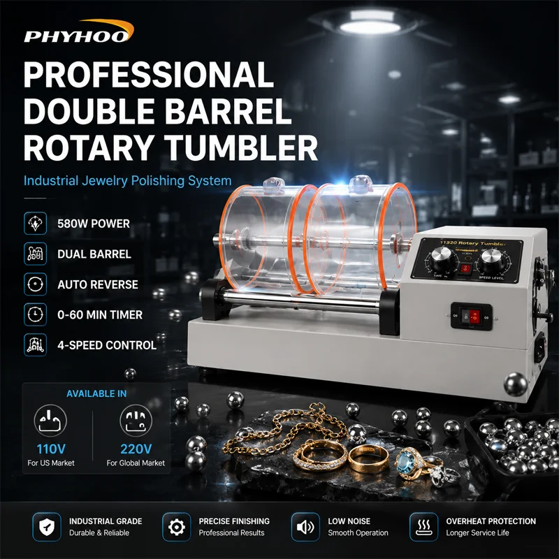 PHYHOO Professional Double Barrel Rotary Tumbler Jewelry Polishing Machine 580W Bidirectional Rotation Timer Surface Finish Tool