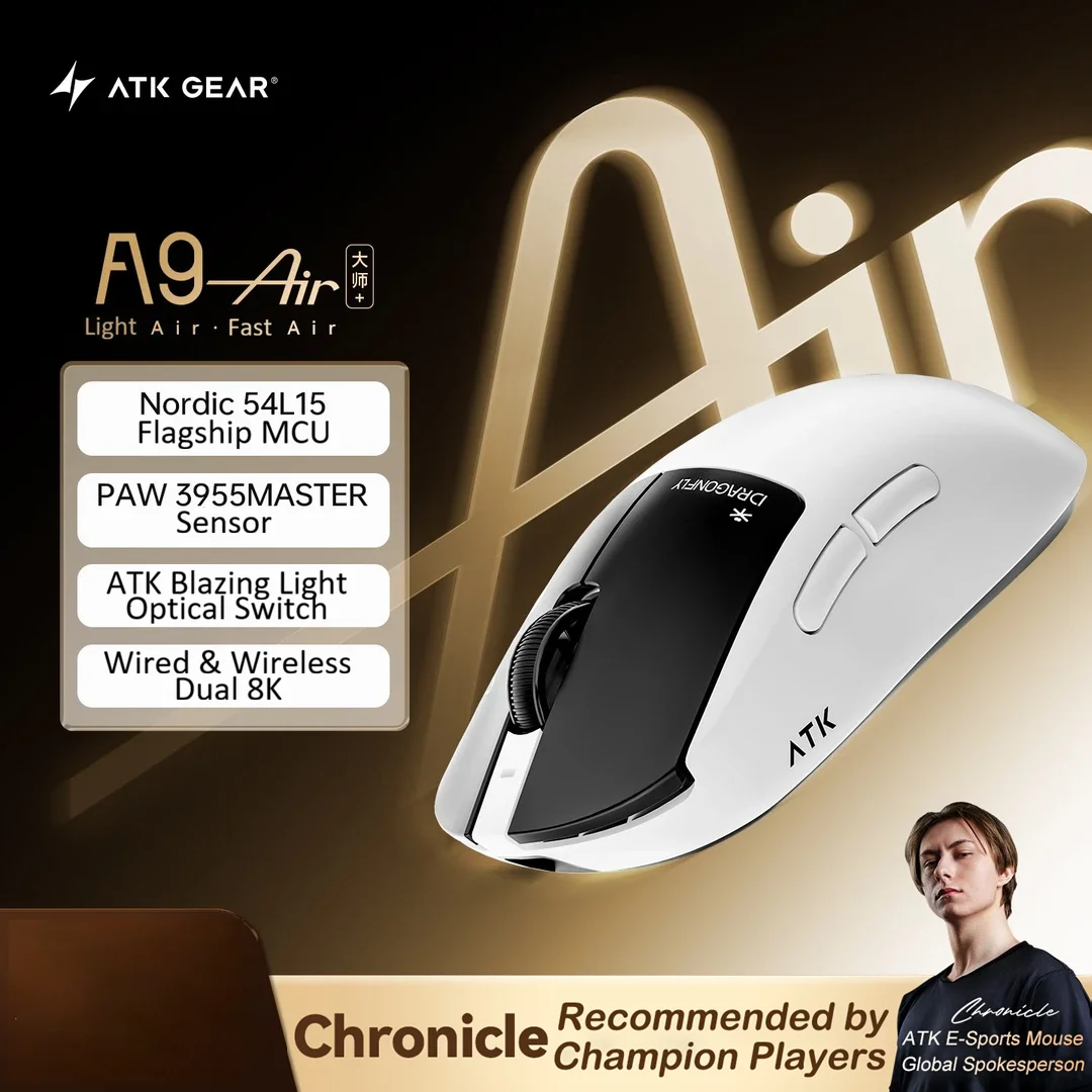 ATK A9 Air Ultimate Plus Gaming Mouse PAW3955 Master Dual 8K Ultra Lightweight Wireless Tri Mode E-sports FPS Gamer Accessories
