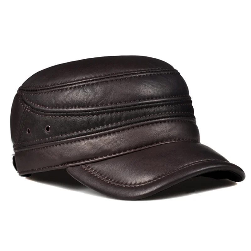 New Spring/Winter Real Leather Black/Brown Flat Baseball Caps Male 55-60cm Customized Size Outdoor Warm Snapback Hat