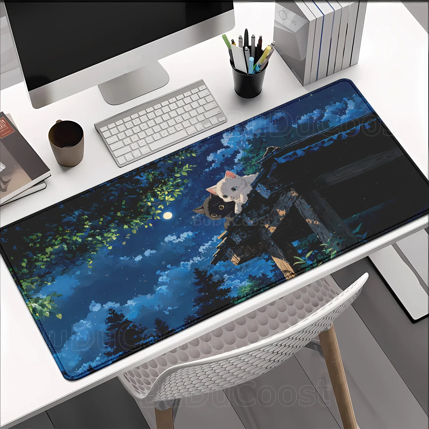 Kawaii Black white cat moon Mousepad Xxl Anime Pc Gamer Cabinet Keyboard Carpet Computer Gaming offices Accessories HD Desk Mat