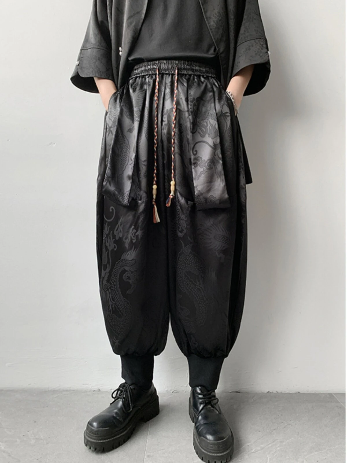 Men's Ice Silk Harem Pants Summer Cooling Wide Leg Jogger Pants Dragon Streetwear Bottoms Chinese Style Elastic Cuff Lightweight