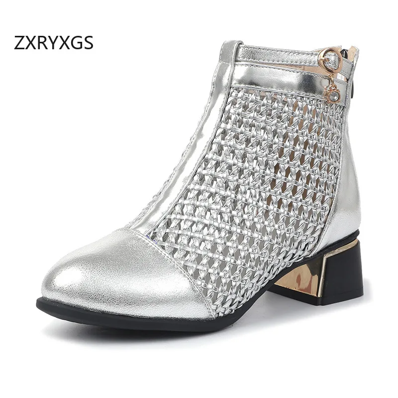 ZXRYXGS Top Cowhide Woven Hollow Summer Boots Fashionable Sandals New 2026 Big Size Elegant Mid Heel Boots Women Cool Boots Tide