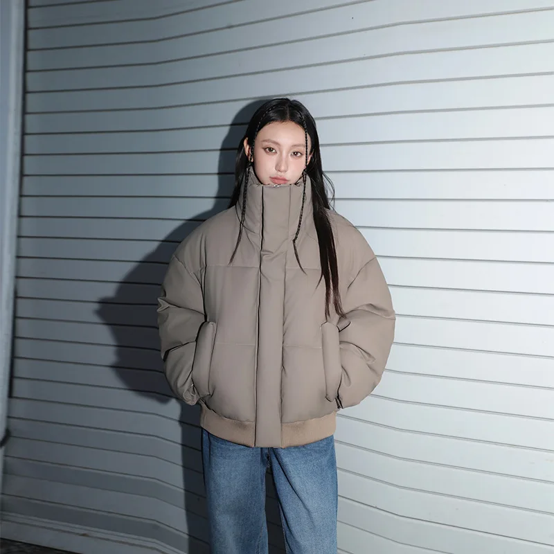 American Hip Hop Stand Collar Cotton Jacket Women Winter Full Zipper Windproof Down Cotton Coat Chic Pocket Quilted Bread Jacket